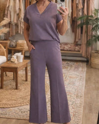 Yelete - Relaxed V-neck Top And High Waisted Wide-leg Pants Set
