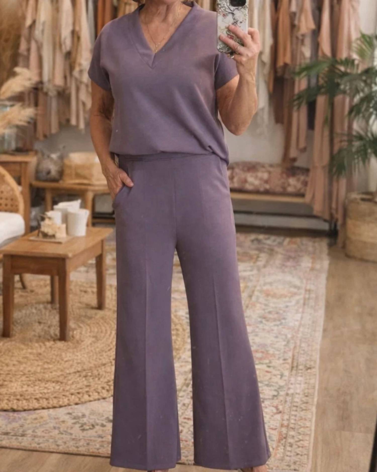 Yelete - Relaxed V-neck Top And High Waisted Wide-leg Pants Set