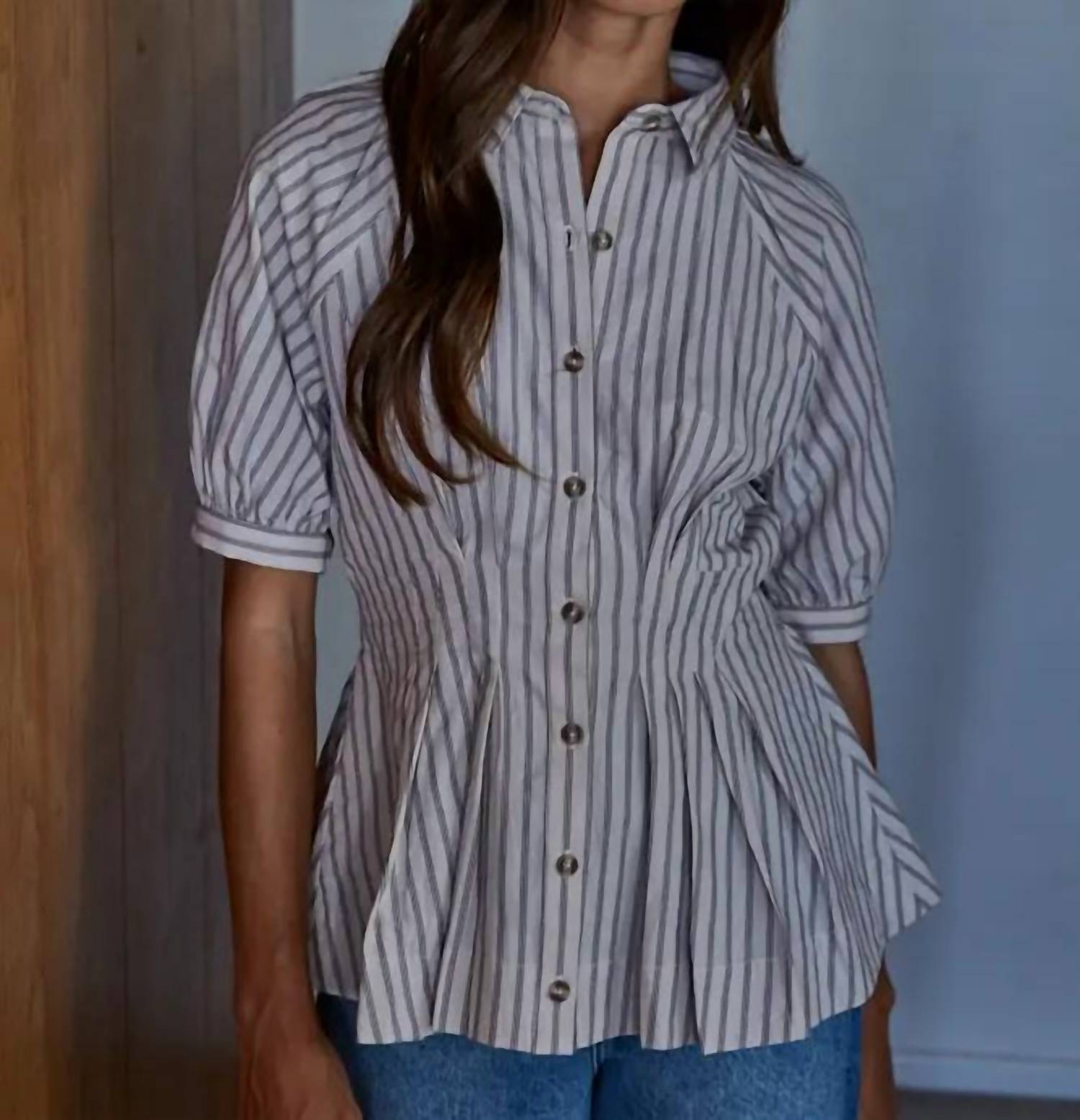 By Together - Striped Cinched Waist Blouse