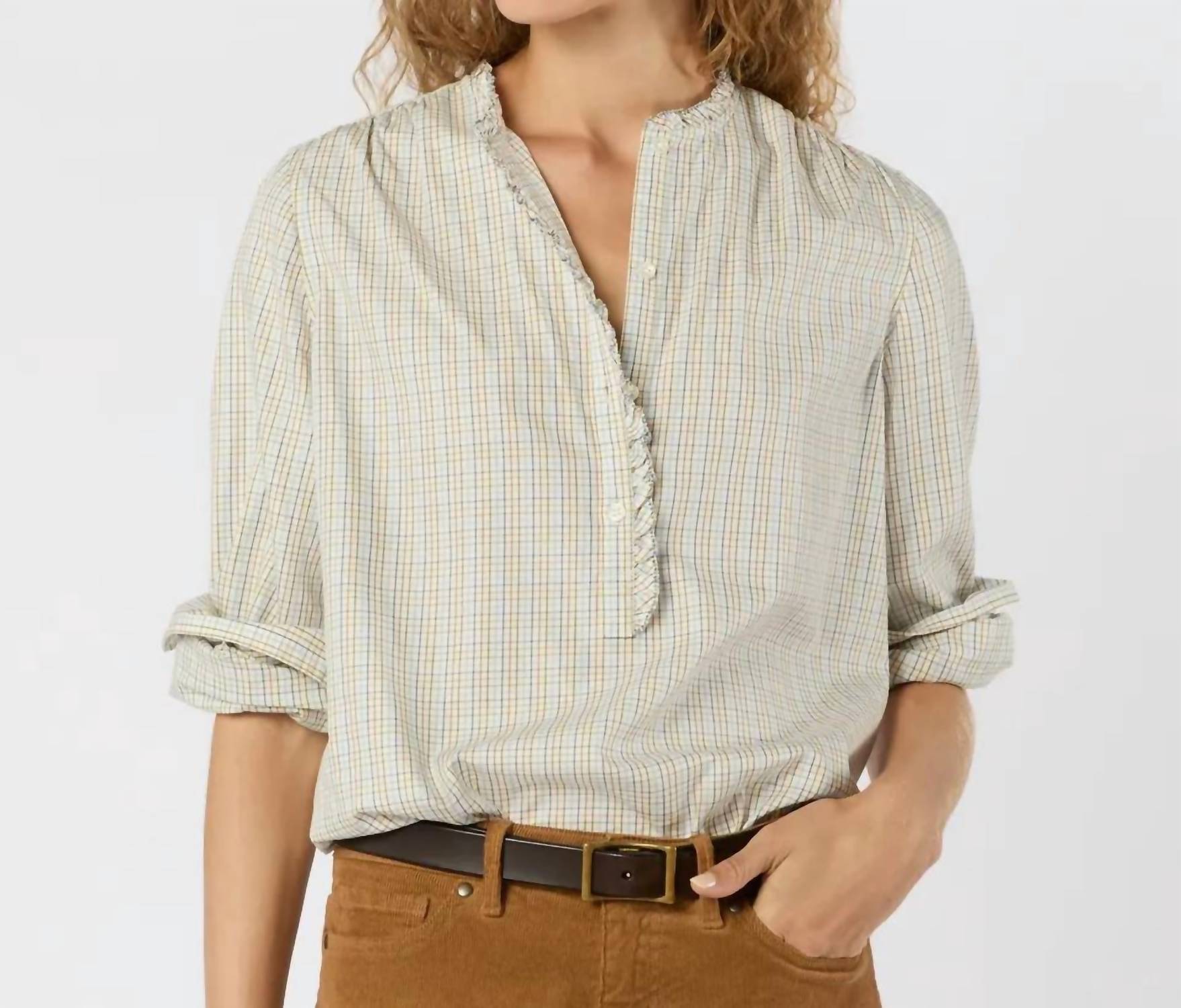Ann Mashburn Becca Long Sleeve Half Button Top in olive ochre blue tattersall brushed twill - women's blouse