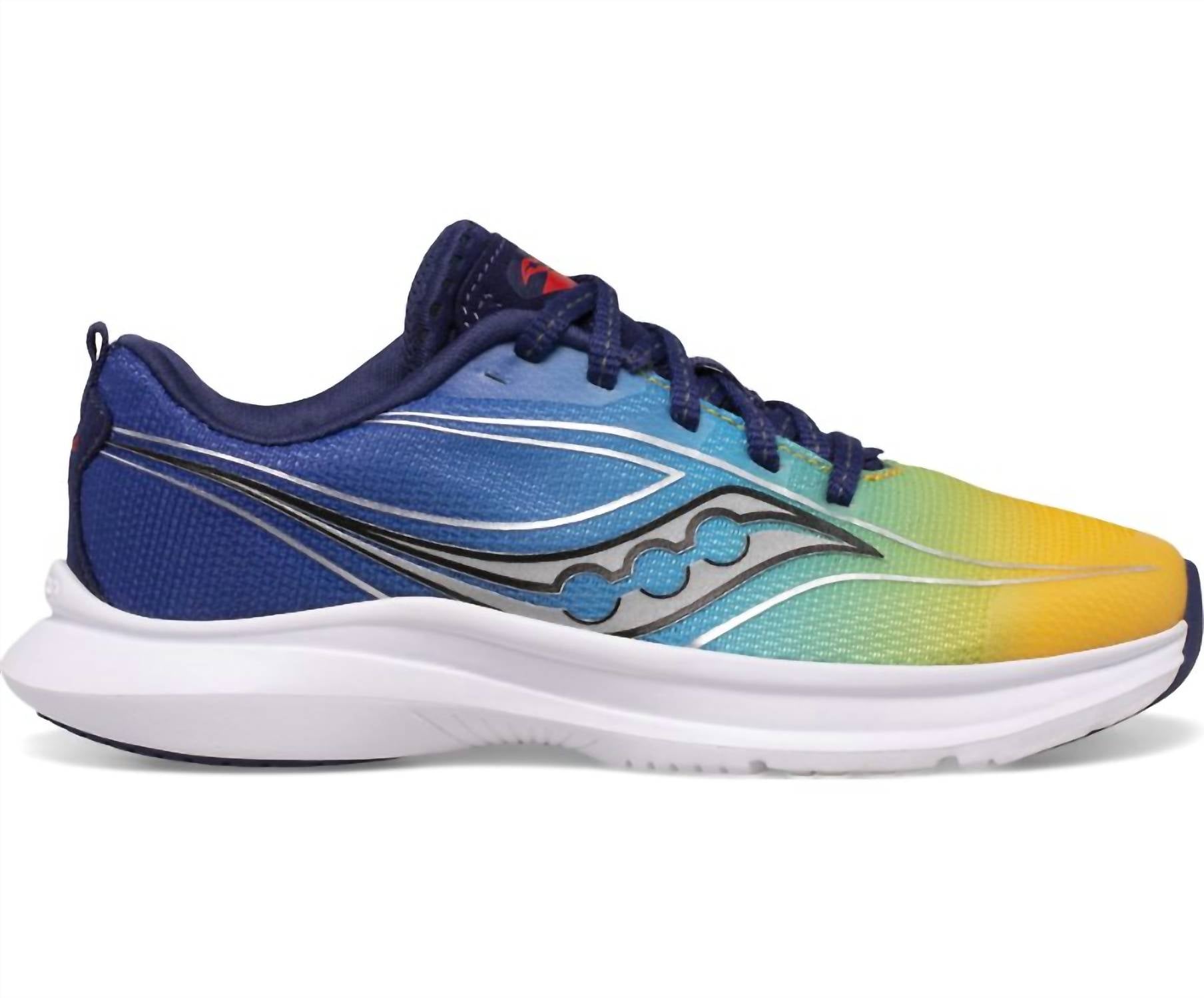 SAUCONY Kid's Kinvara 13 Lace Sneaker in blue yellow - kids' sneaker - detail view