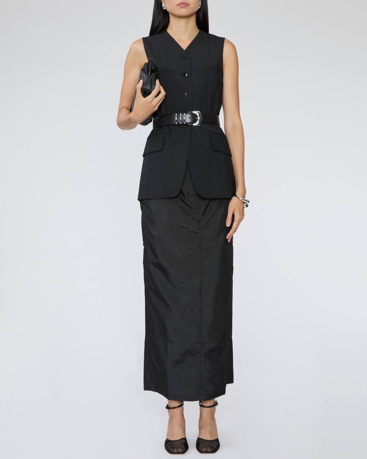 Tibi Recycled Tropical Wool Vest With Blousant Back in black - women's blouse