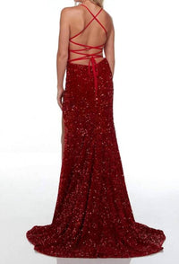 ALYCE PARIS Sequined Cowl Prom Gown With Slit in red - women's dress - detail view