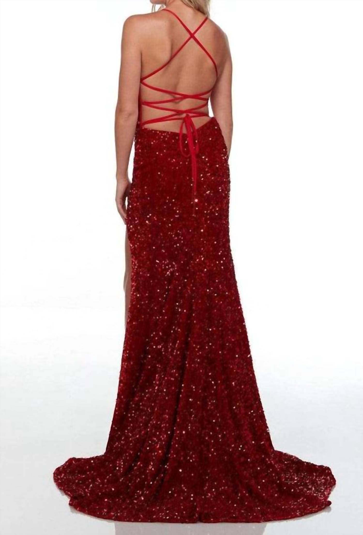ALYCE PARIS Sequined Cowl Prom Gown With Slit in red - women's dress - detail view