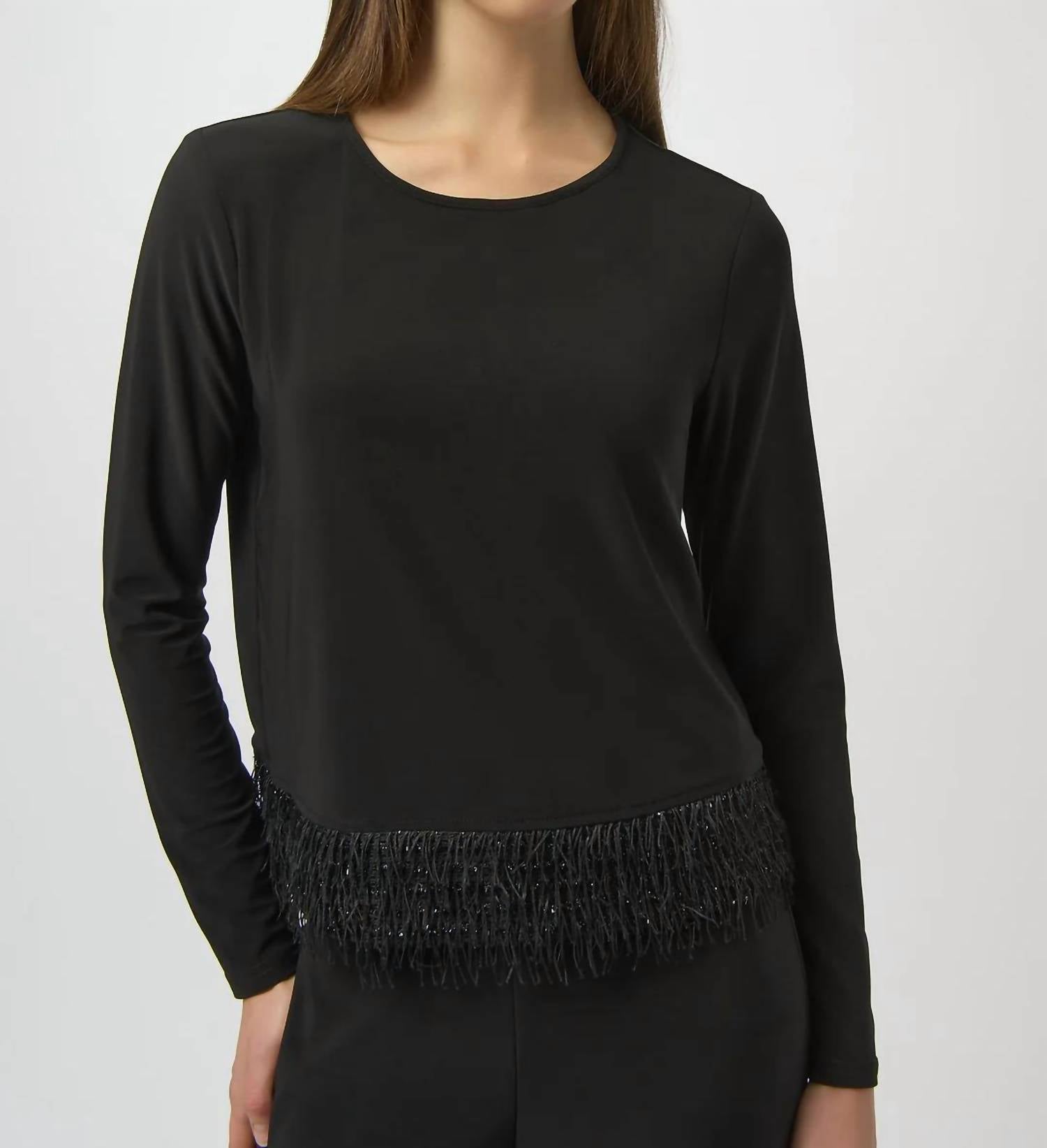 Joseph Ribkoff - Scoop Neck Fringe Hem Long Sleeves Top