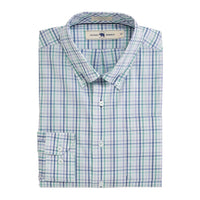 ONWARD RESERVE Men's Lucian Classic Fit Quad Woven Top in bottle green - men's long sleeve top - detail view