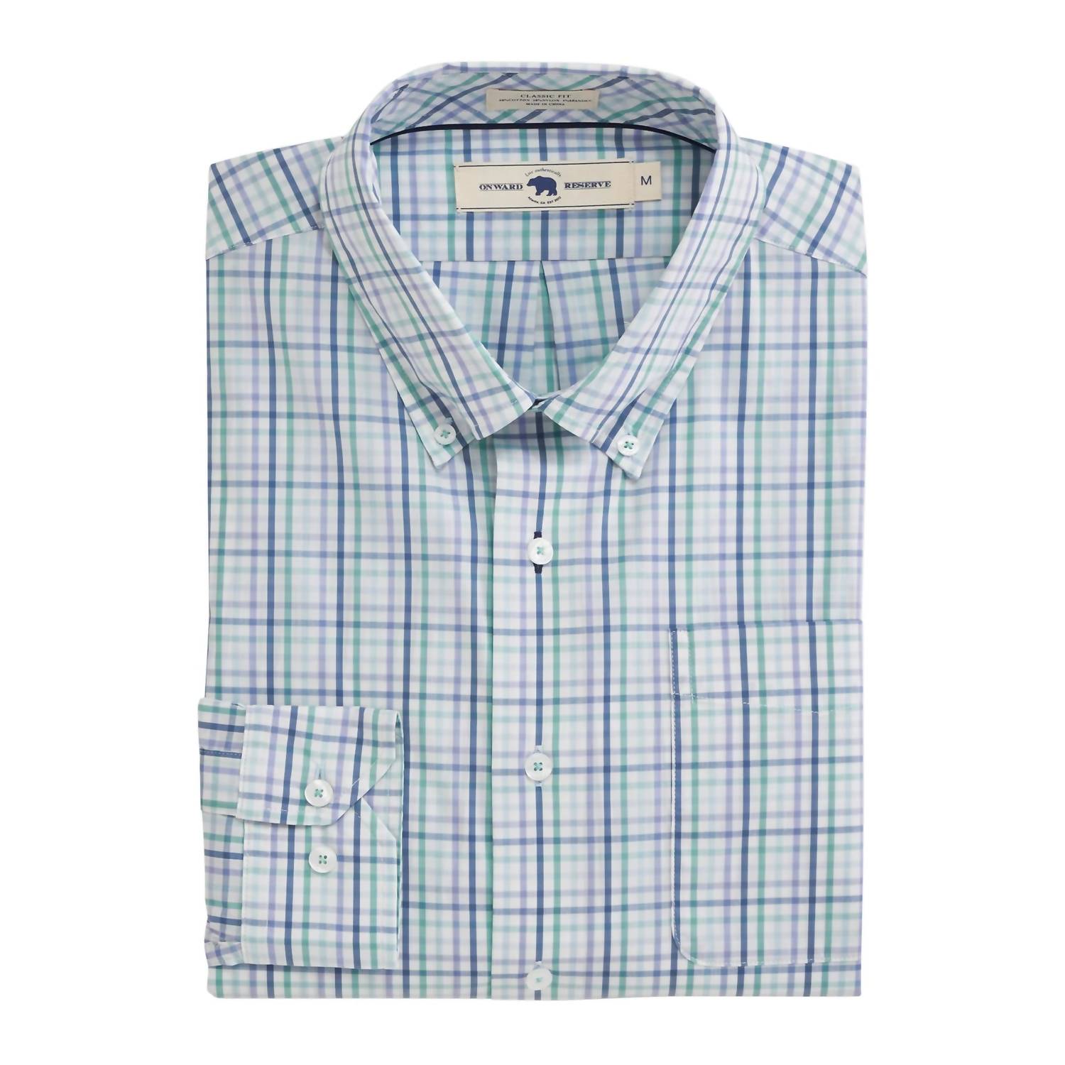 ONWARD RESERVE Men's Lucian Classic Fit Quad Woven Top in bottle green - men's long sleeve top - detail view