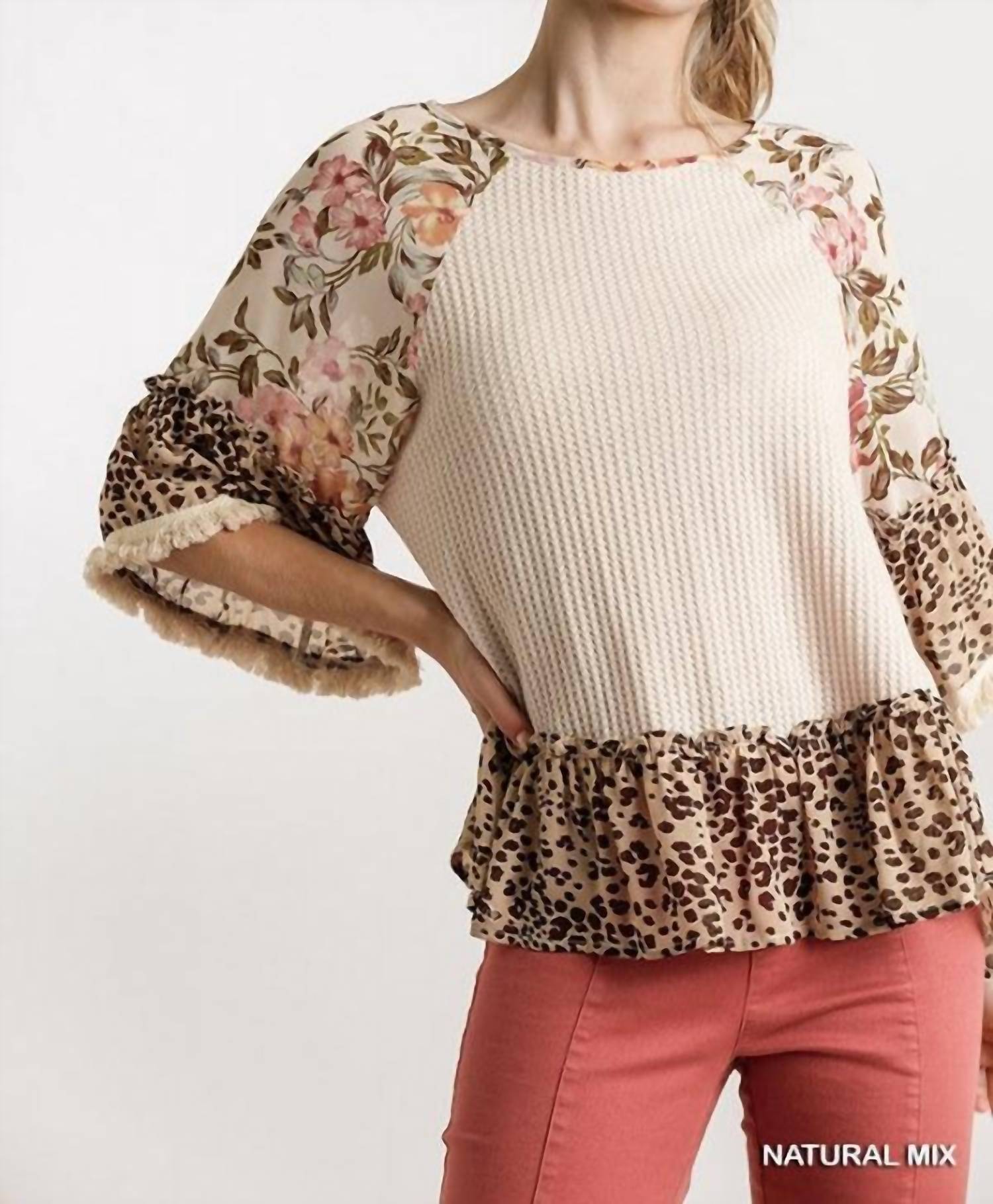 Umgee - Floral & Animal Waffle Knit Top