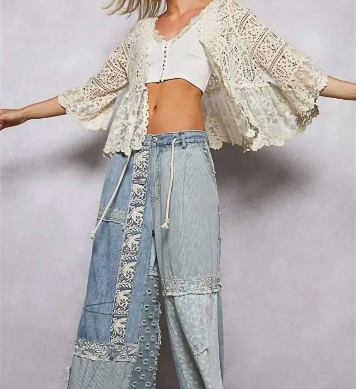 Pol - V Neck Crochet Floral Lace Cardigan