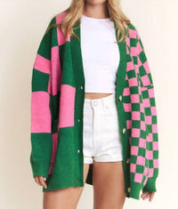 Jade By Jane - Button Down Long Sleeve Checkered Oversized Cardigan