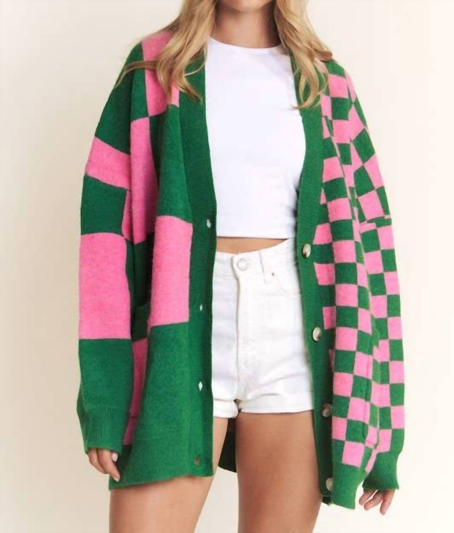 Jade By Jane - Button Down Long Sleeve Checkered Oversized Cardigan