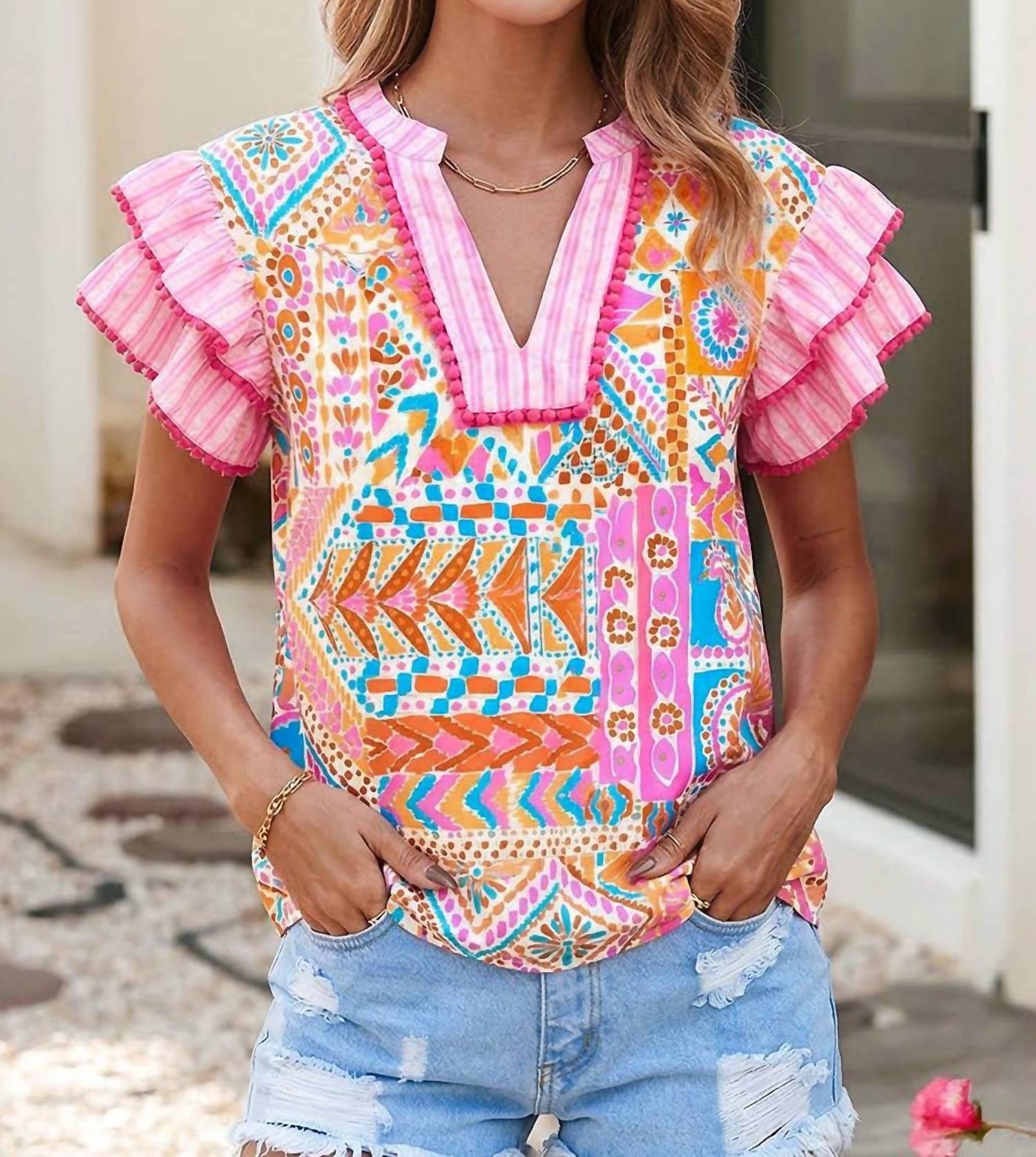 Little Daisy Closet - Boho Contrast Striped Patchwork Tiered Blouse