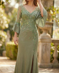Nox Anabel - Elegant Mother Of Bride Appliqué Bell Sleeve Slit Evening Gown