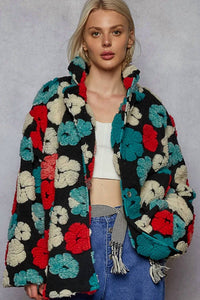 Pol - Long Sleeve Textured Sherpa Floral Coat Jacket