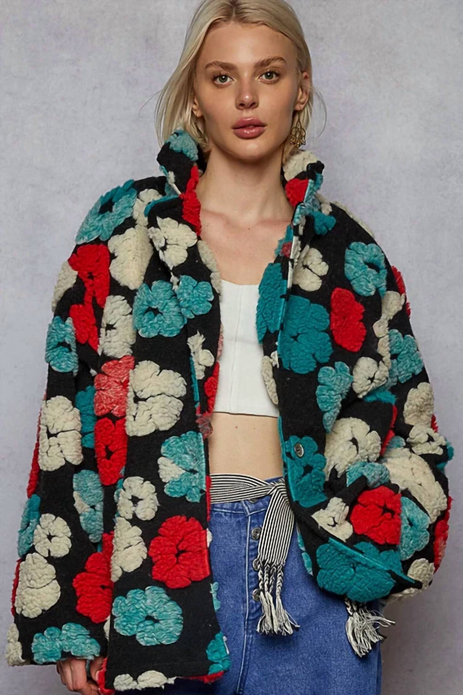 Pol - Long Sleeve Textured Sherpa Floral Coat Jacket