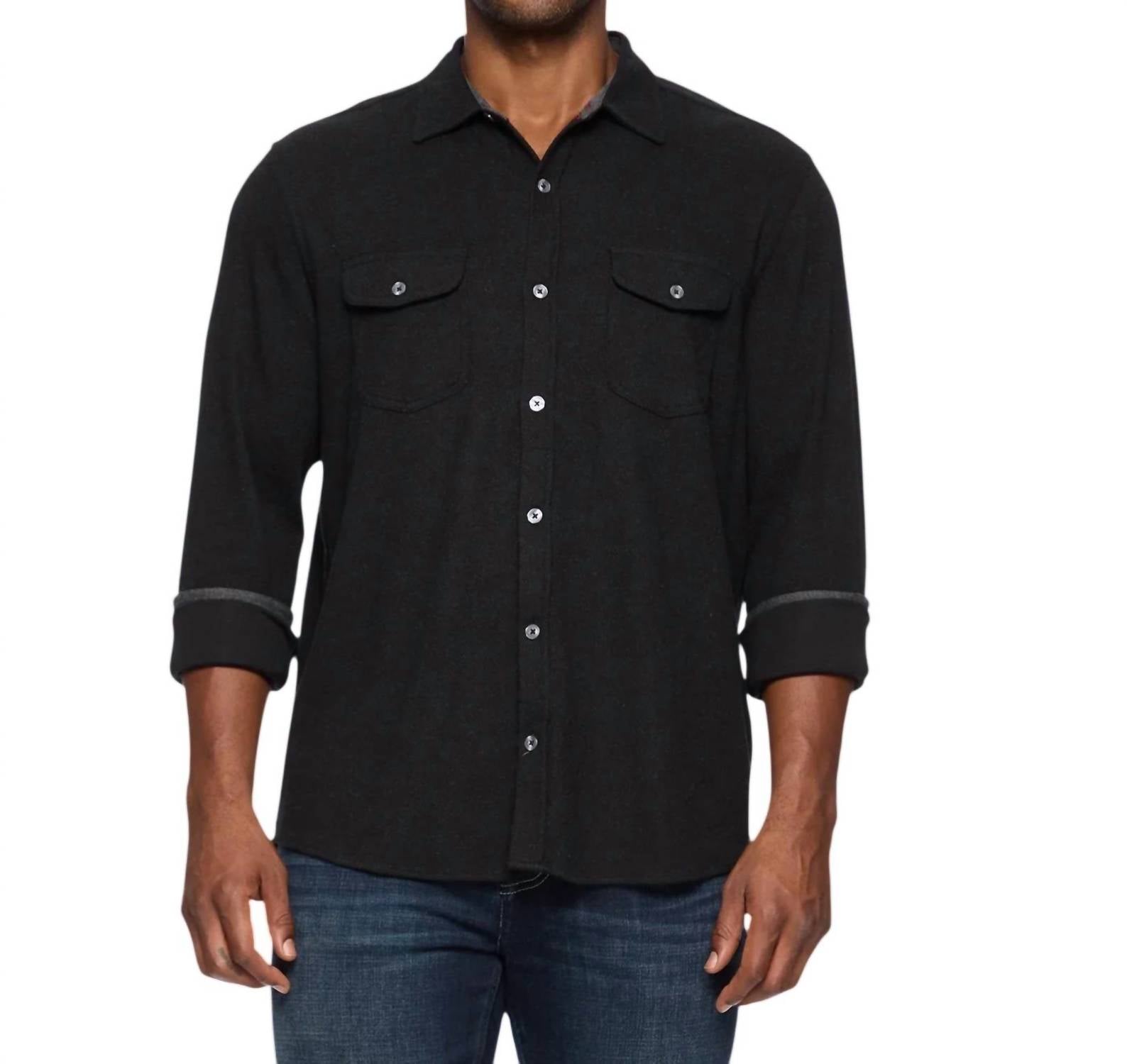Flags & Anthem Hero Long Sleeve Solid Twill Knit Flannel Button-Down in black - men's shirt