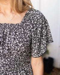 Grace and Lace Josie Smocked Top in black ditsy 1 - women's blouse - detail view