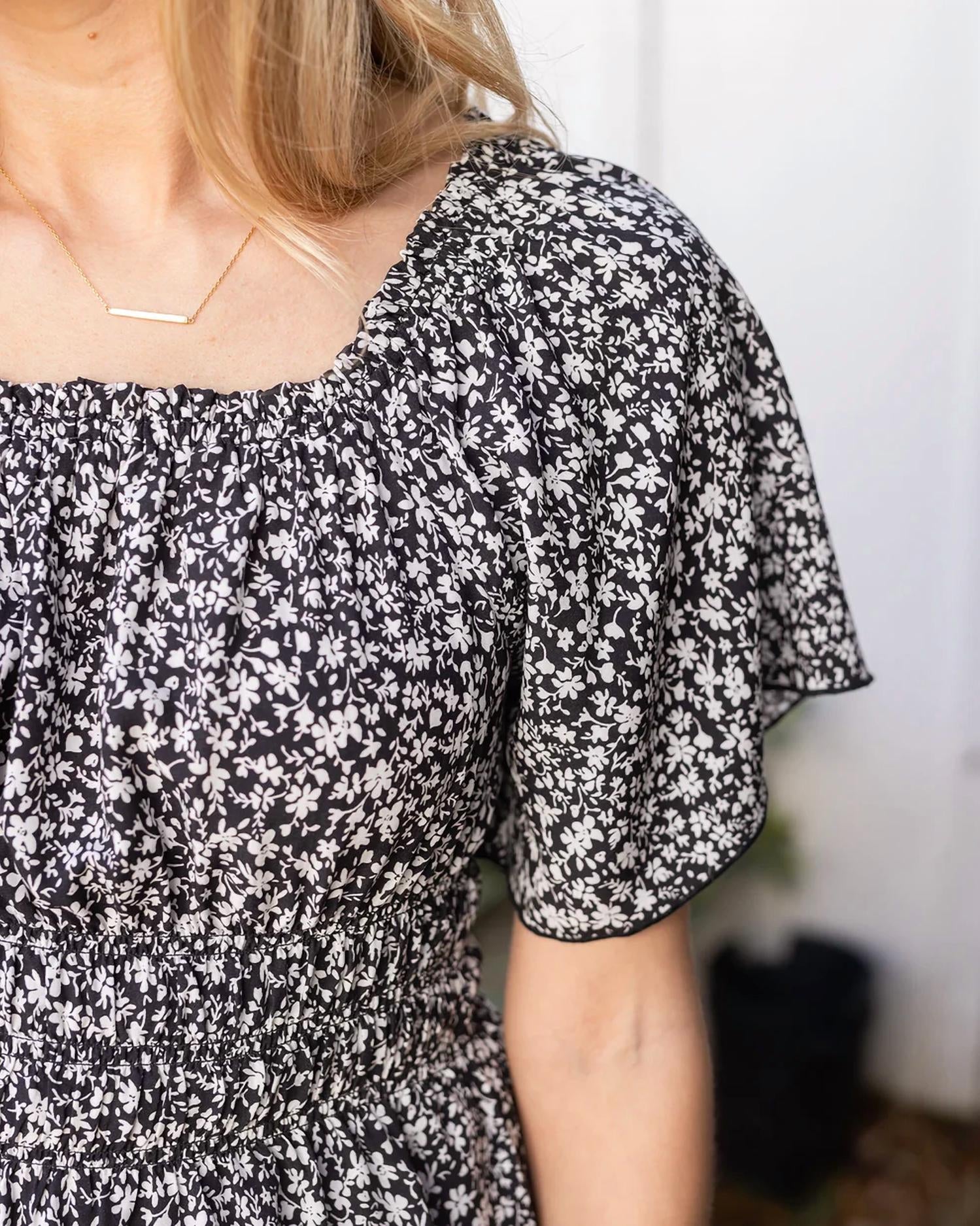 Grace and Lace Josie Smocked Top in black ditsy 1 - women's blouse - detail view