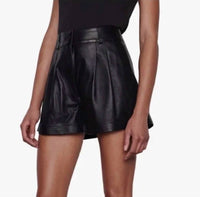 FRAME Women's Pleated Leather Shorts in noir black - women's shorts - detail view