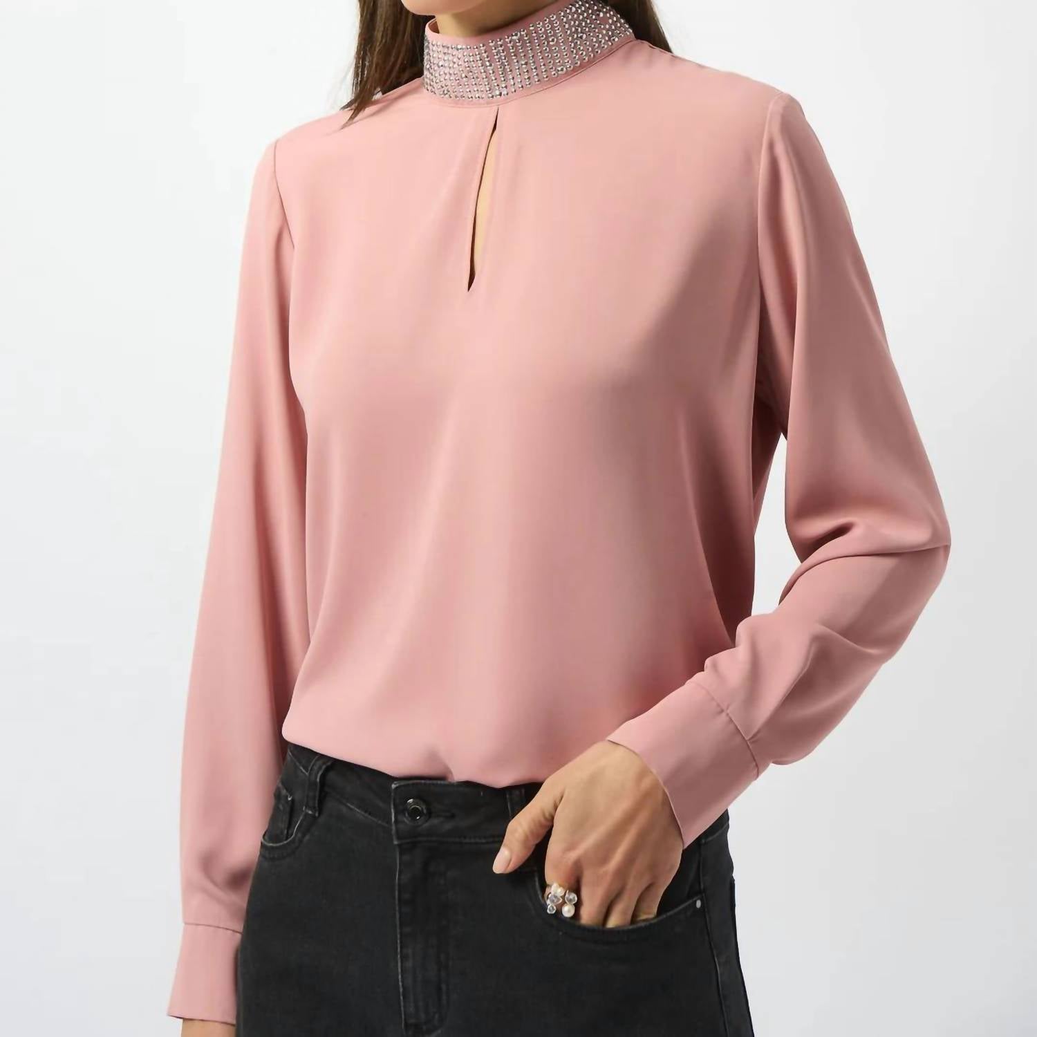 Joseph Ribkoff Embellished Mock Collar Long Sleeve Top in antique rose - women's blouse - detail view