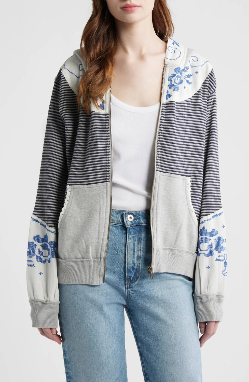 Free People - Lydia Mixed Media Zip-up Hooded Sweater