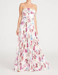 Monique Lhuillier Floral Pleated Satin Strapless Gown in peony dream - women's dress