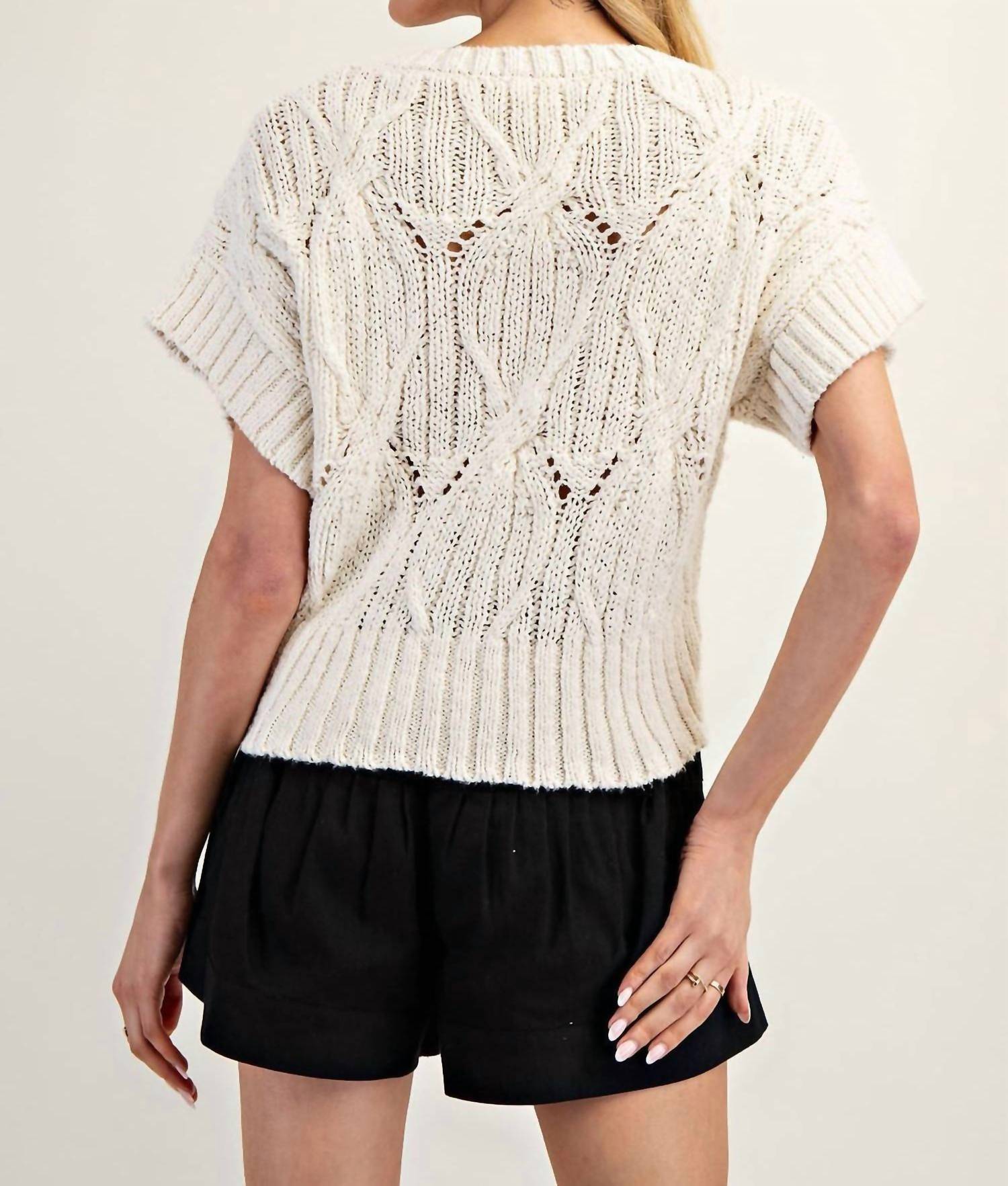 ee:some Cable Knit Short Sleeve Sweater Top in oatmeal - women's sweater - alternate view