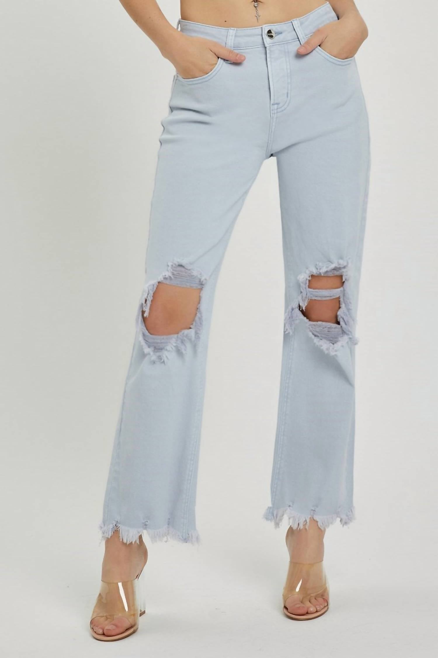 RISEN High Rise Knee Distressed Straight Pants in ice blue - women's jeans - view 5