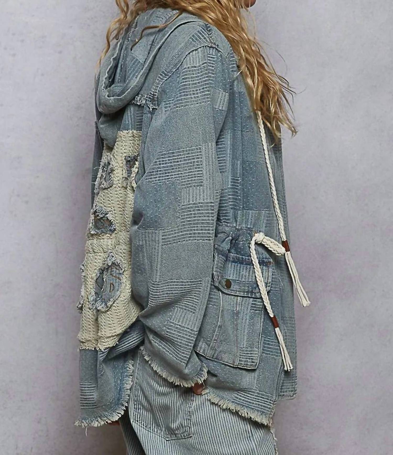 Pol - Raw Hem Drawstring Zip Up Hooded Denim Jacket