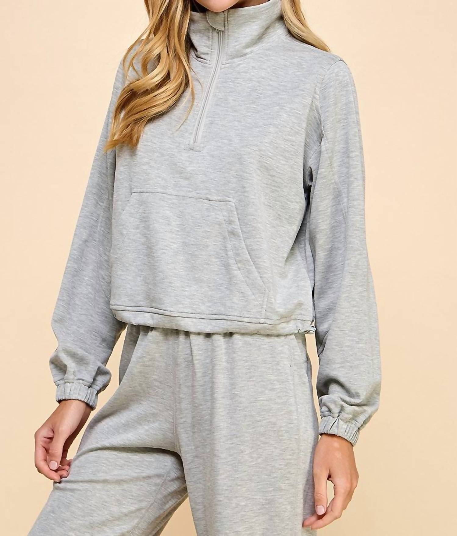TCEC Mock Neck Sweatshirt in gray - women's sweater - detail view