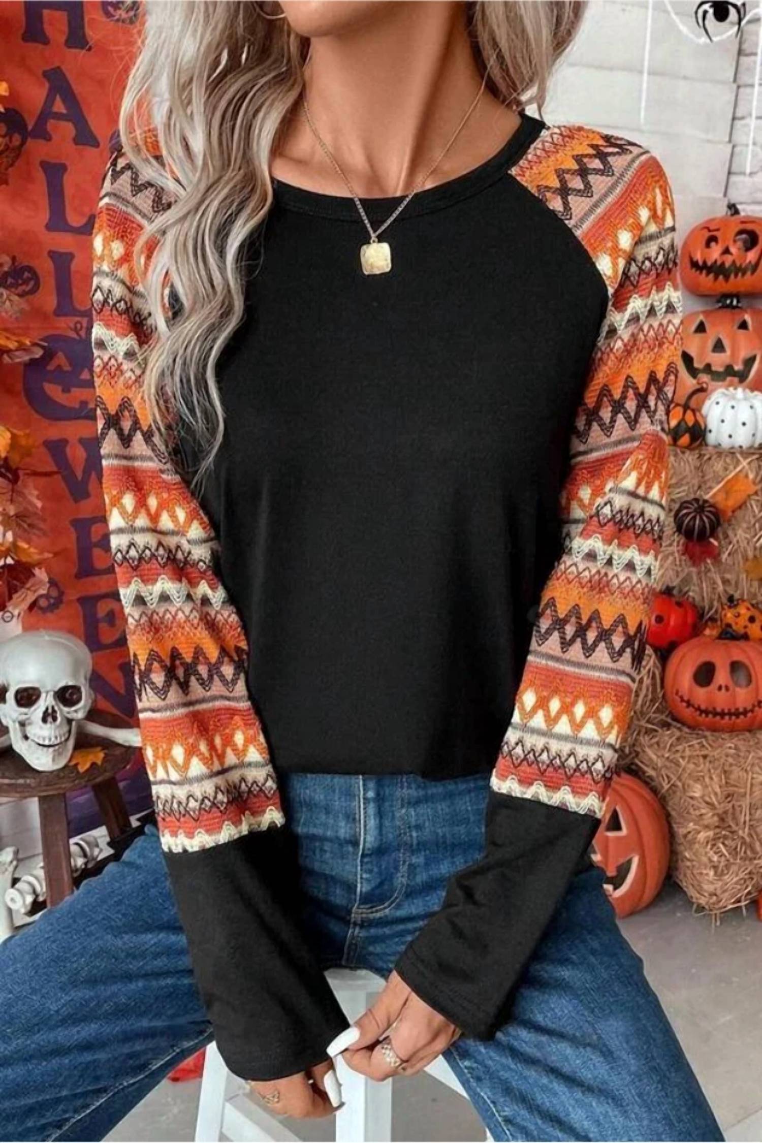 Lovesoft - Print Raglan Patchwork Long Sleeve Top