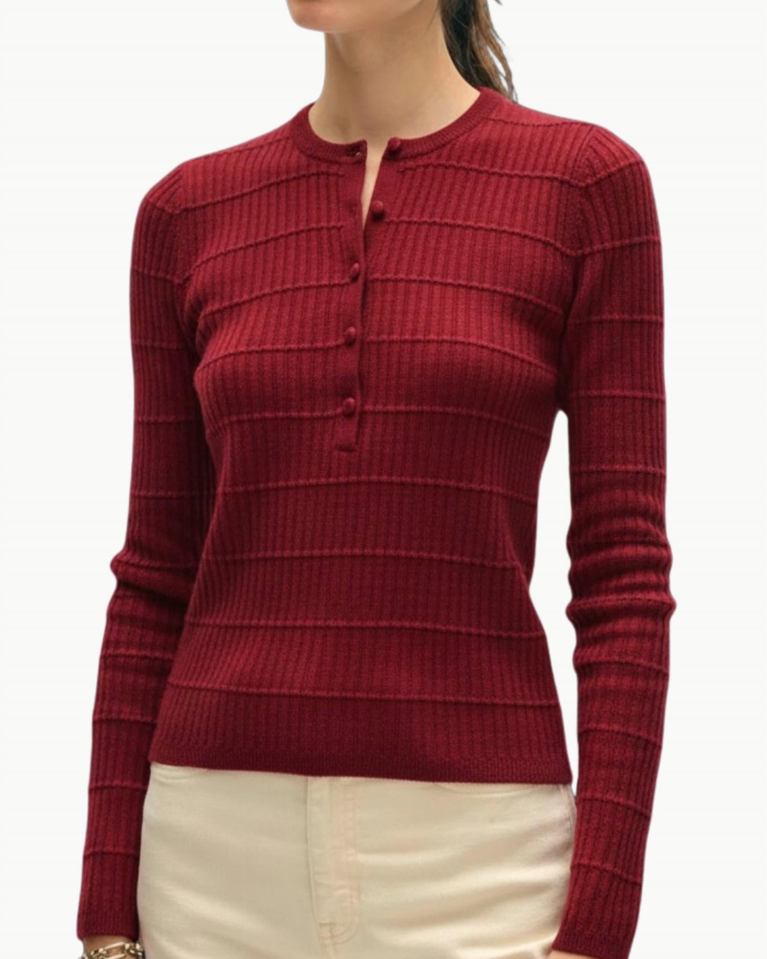 White + Warren Cashmere Textured Henley Top in deep crimson - women's long sleeve top