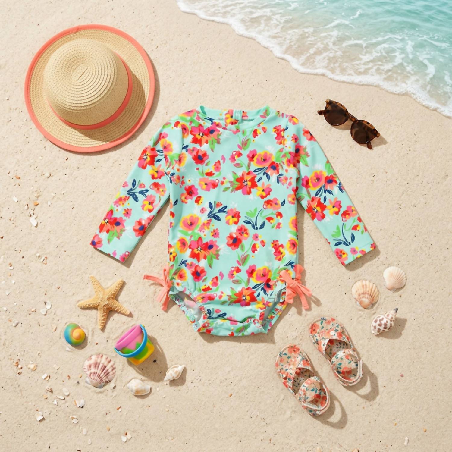 Rufflebutts - Girls' Painted Flowers Ruffled Rash Guard Swim Suit