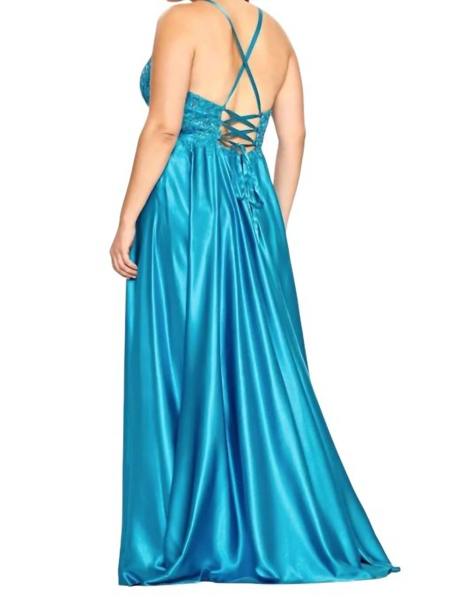 FAVIANA Applique Bodice Gown in teal - women's dress - detail view