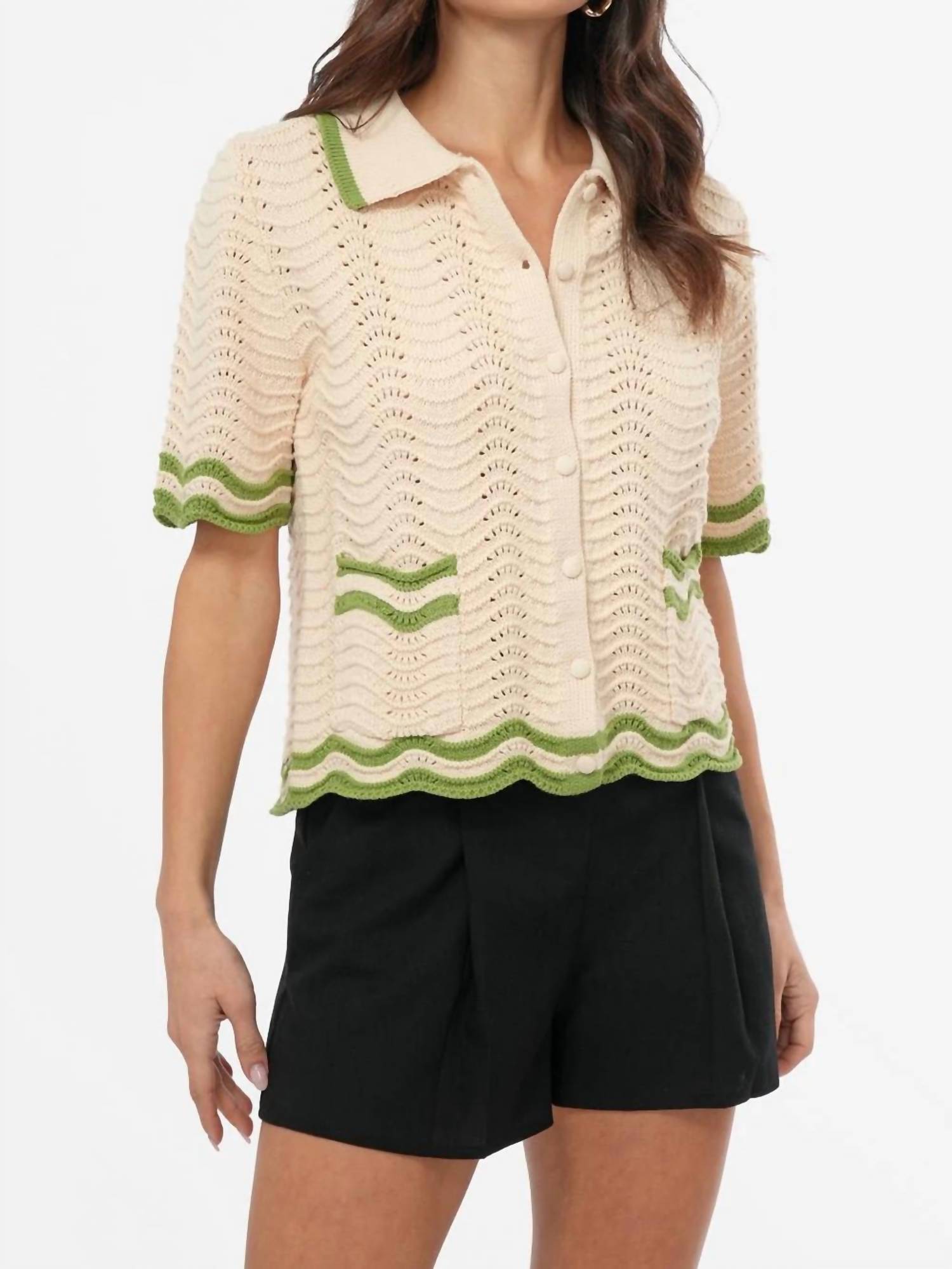 Greylin - Women's Amelia Scallop Hem Button Up Crochet Cardigan