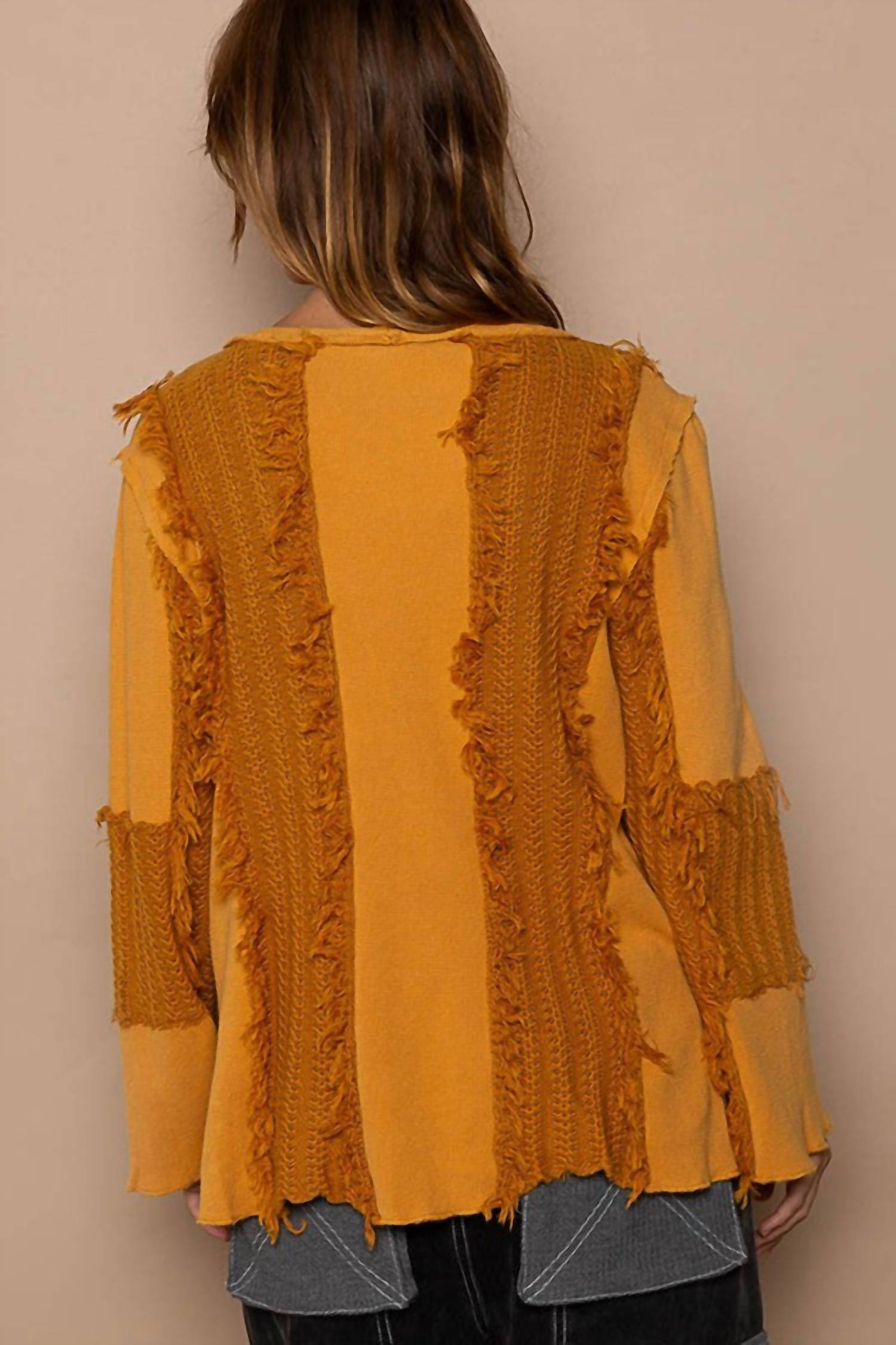 Pol - Flare Sleeve Contrast Panels V-neck Knit Top
