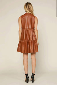 Skies Are Blue - Sleeveless Vegan Leather Tiered V-neck Dress