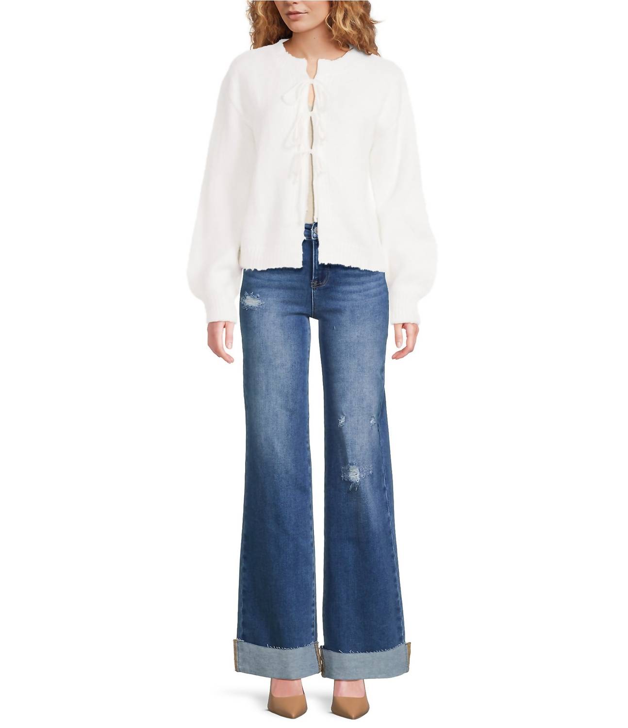 ELAN Crew Neck Long Sleeve Tie Front Cardigan in chattanooga - women's cardigan - detail view