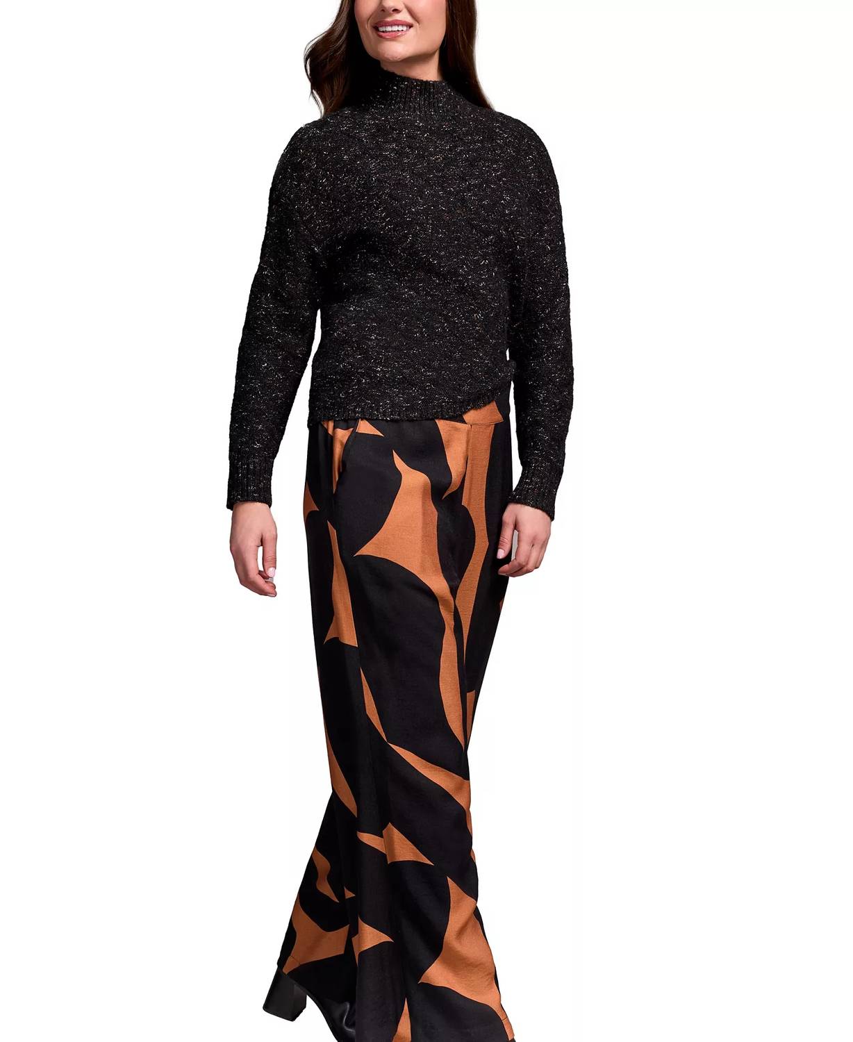 TRIBAL Speck Mock Neck Puff Sleeve High Low Sweater Top in black - women's sweater - detail view