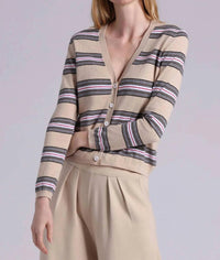 Minnie Rose - Striped V Neck Cardigan