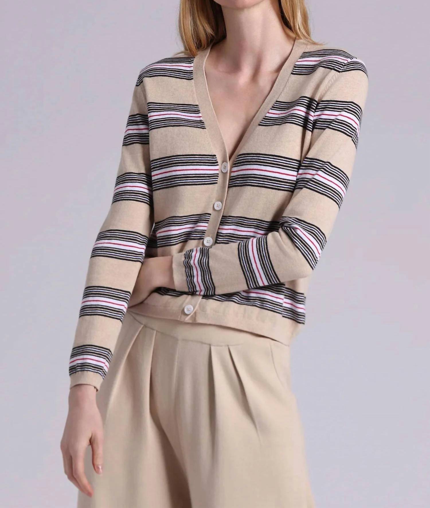 Minnie Rose - Striped V Neck Cardigan