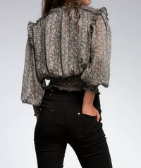 ELAN Smocked Waste Top in black paisley - women's blouse - detail view