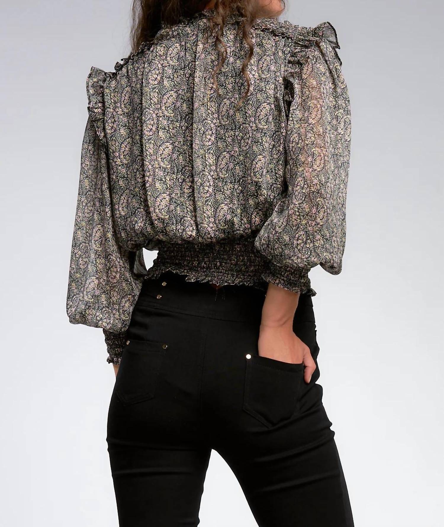 ELAN Smocked Waste Top in black paisley - women's blouse - detail view