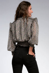 ELAN Smocked Waste Top in black paisley - women's blouse - alternate view