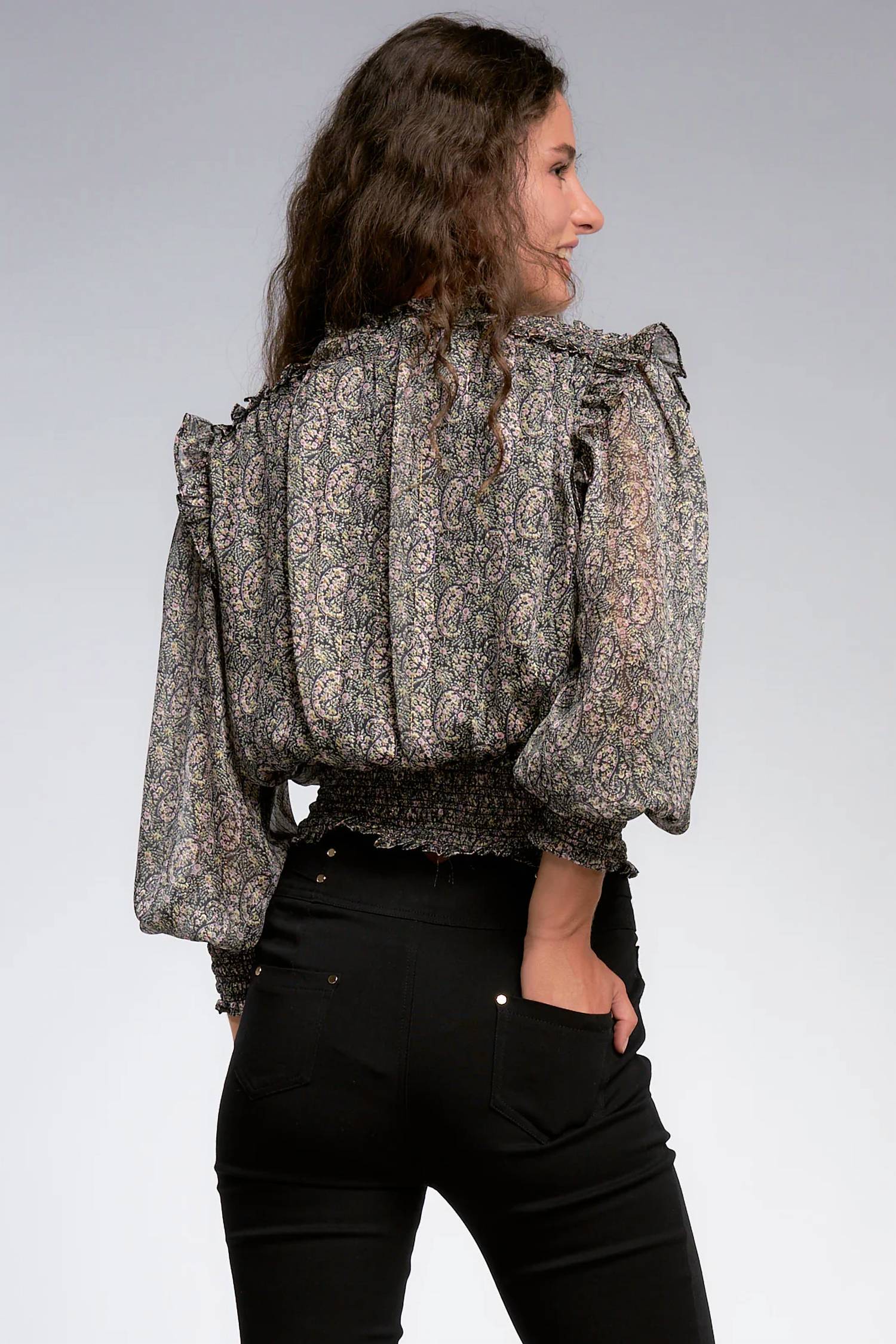 ELAN Smocked Waste Top in black paisley - women's blouse - alternate view