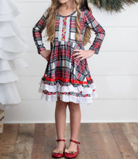 Adorable Sweetness - Girl's Holiday Christmas Plaid Lace Ruffle Bow Back Dress