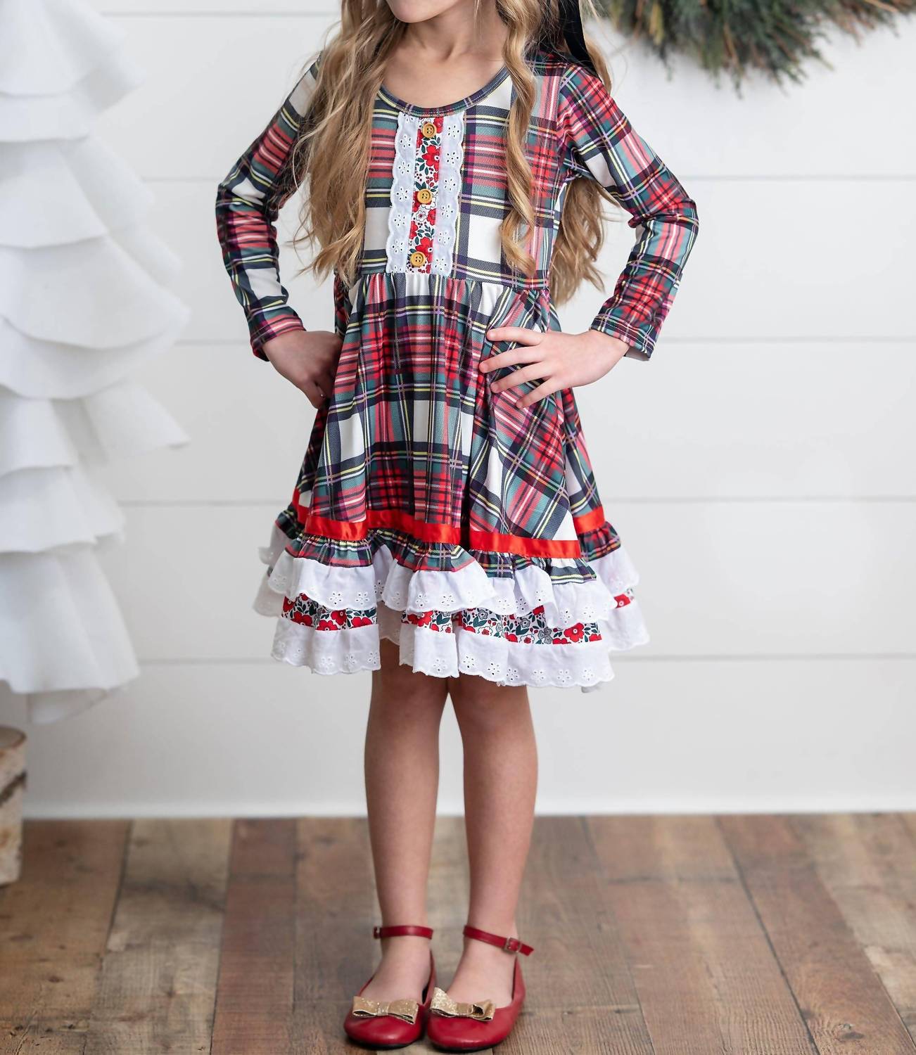 Adorable Sweetness - Girl's Holiday Christmas Plaid Lace Ruffle Bow Back Dress