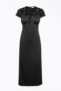 LACE-TRIMMED SATIN MIDI DRESS