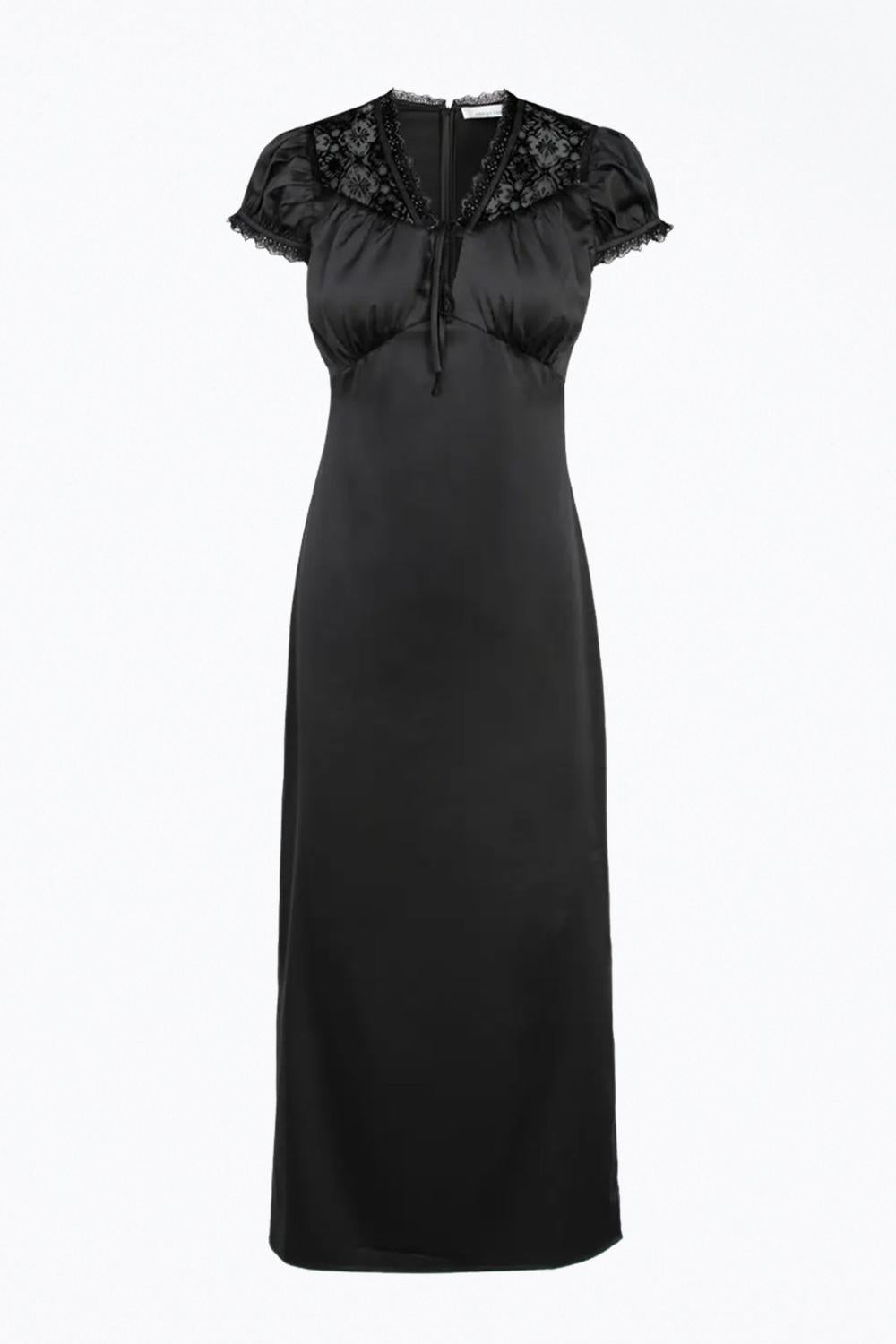 LACE-TRIMMED SATIN MIDI DRESS