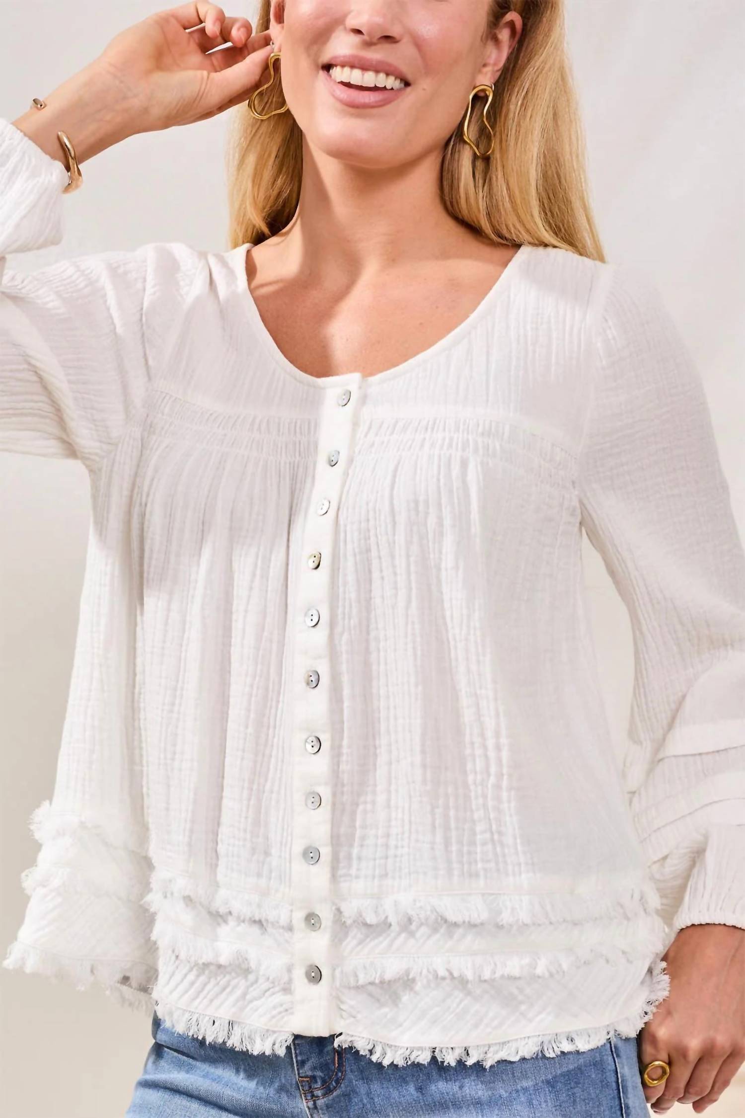 TRIBAL Cotton Gauze Balloon Sleeve Boho Blouse in white - women's blouse - alternate view